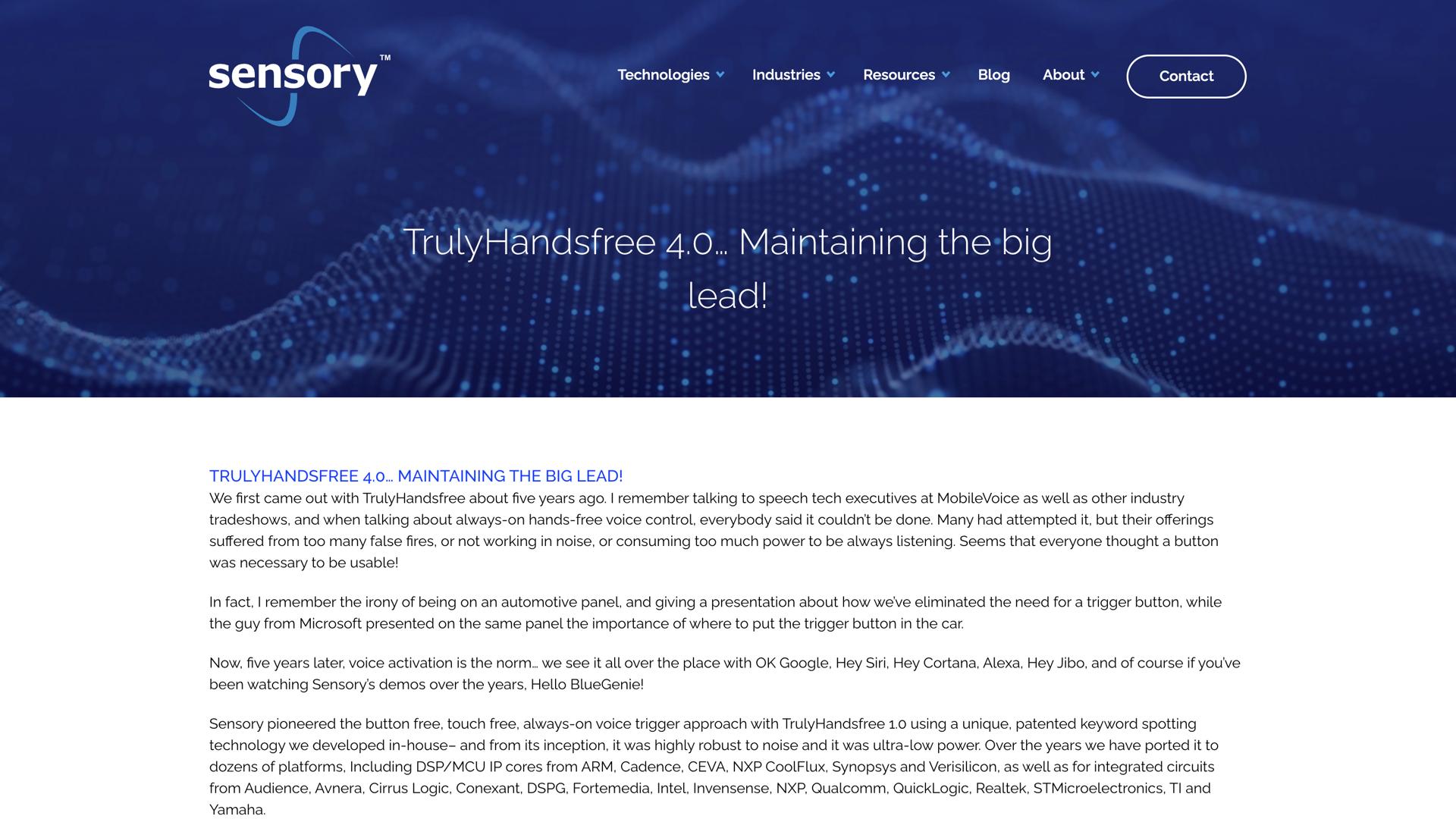 Sensory TrulyHandsfree Voice Control